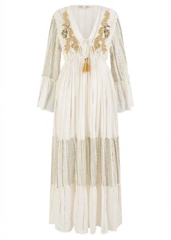Yumi White Metallic Embellished Maxi Dress With Long Sleeves