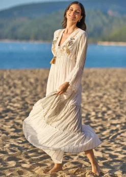 Yumi White Metallic Embellished Maxi Dress With Long Sleeves