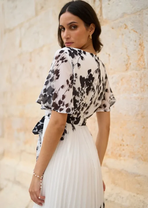 Yumi White Mirror Floral Design Pleated Midi Dress