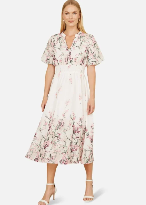 Yumi White Mirrored Floral Button Up Midi Dress With Ruched Waist