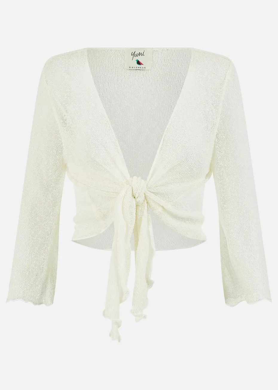 Yumi White Popcorn Yarn Tie Front Bolero