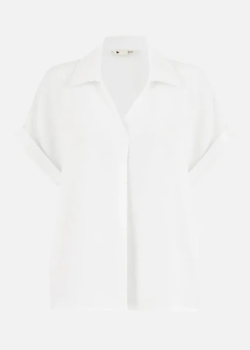 Yumi White Stretch Relaxed Top With Collar
