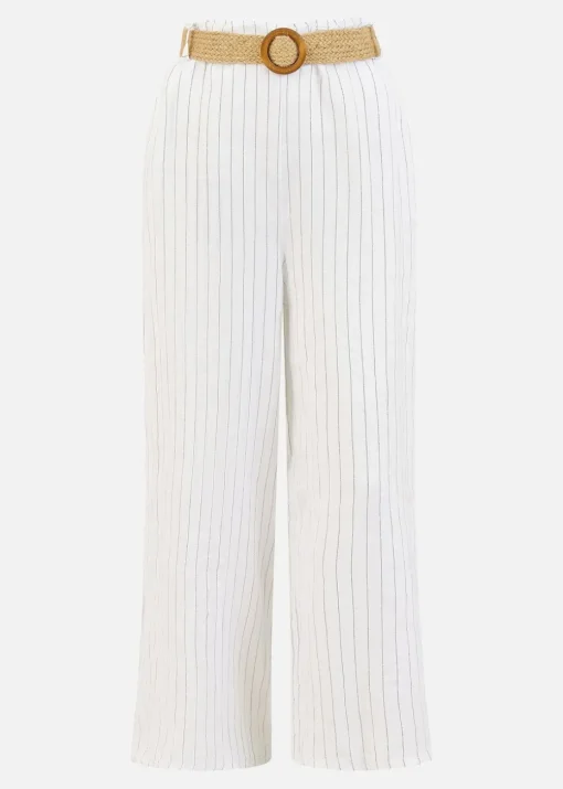 Yumi White Striped Italian Linen Wide Leg Trousers With Belt